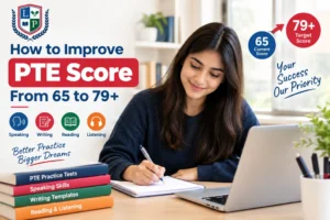 Student analysing how to improve PTE score from 65 to 79